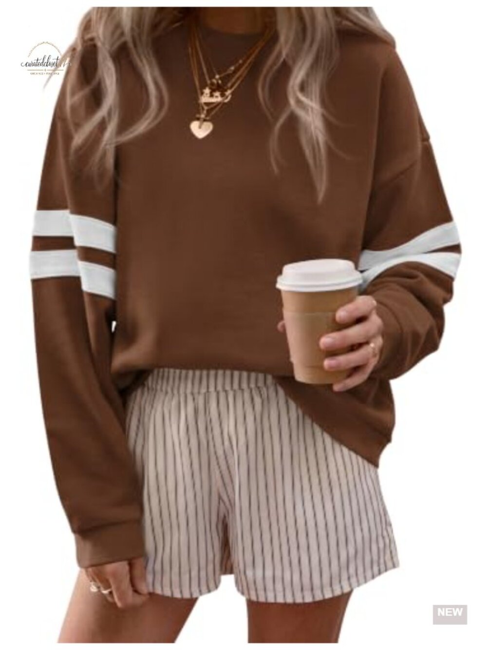 Varsity Striped Crewneck Sweatshirt Long Sleeve Cotton Blend Tops